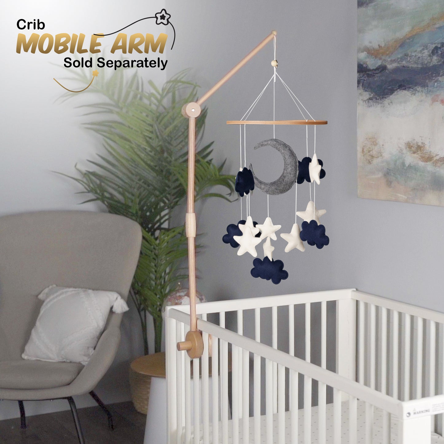 Handmade Baby Mobile for Crib- Blue Moon, Stars and White clouds