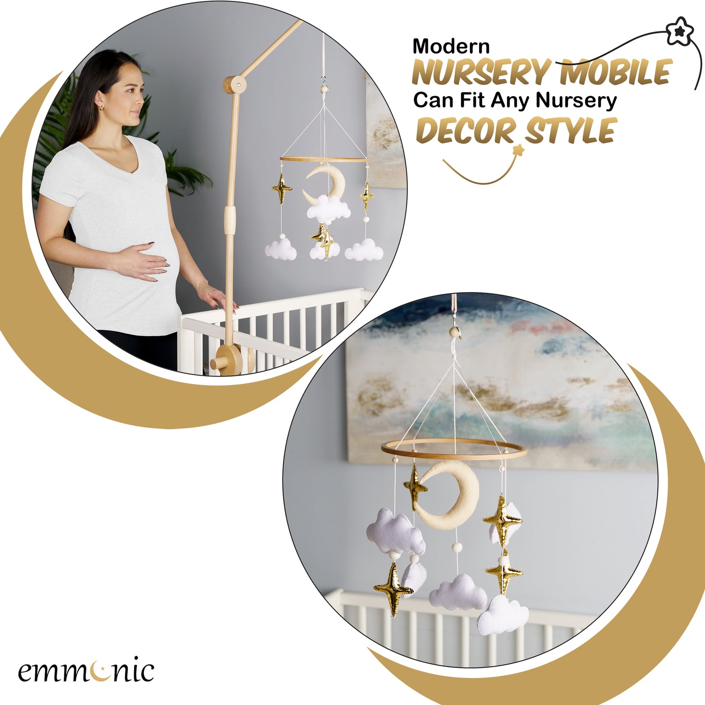 Handmade Baby Crib Mobile  -  Beige Moon, Gold Stars and white clouds