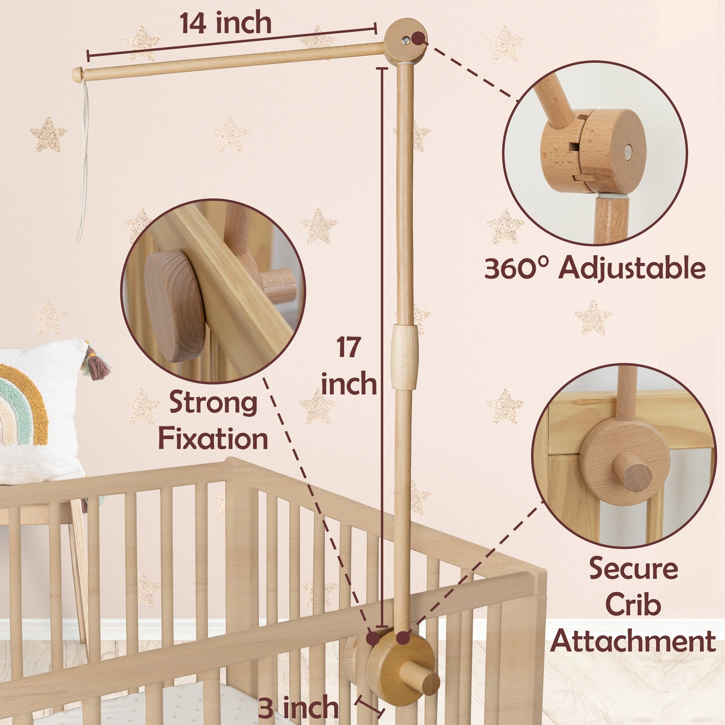 Beautifully Crafted with Natural Beechwood and sanded down to ensure a smooth finish, 360 degrees adjustable, can adjust up or down or rotate left to right, securely attached to crib