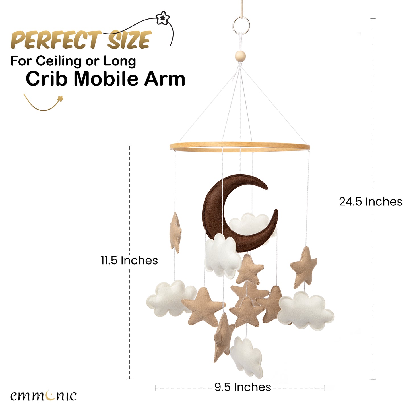 Handmade Baby Mobile for Crib - Brown Moon, Stars and White clouds