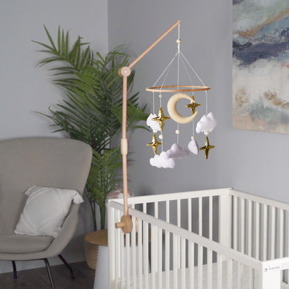 Perfect for Any Crib: Whether you have a standard crib or a mini crib, our baby mobile fits perfectly, adding a charming touch to your baby’s space.
Stylish Nursery Decoration: Create a dreamy atmosphere with this beautifully designed moon and star mobile, ideal for any nursery theme. This mobile adds the finishing touch to your nursery’s interior design, making it both functional and stylish.
Eco-Friendly Felt Material: Made from high-quality, non-toxic felt, our baby mobile is safe for your little one and