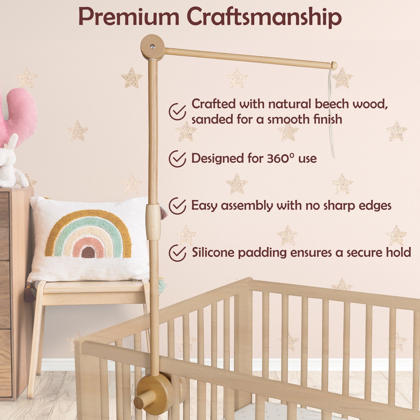 Beautifully Crafted with Natural Beechwood and sanded down to ensure a smooth finish, 360 degrees adjustable, can adjust up or down or rotate left to right, securely attached to crib