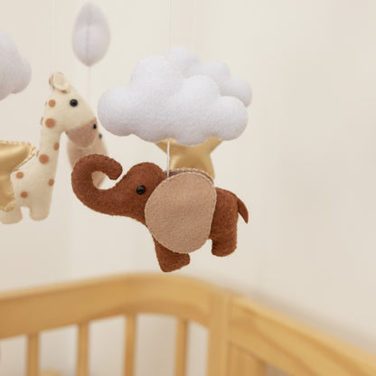 Handmade Safari Animal Baby Mobile with Hippo, Horse, Giraffe, Elephant & Gold Moon and Stars | Jungle Theme Nursery Decoration