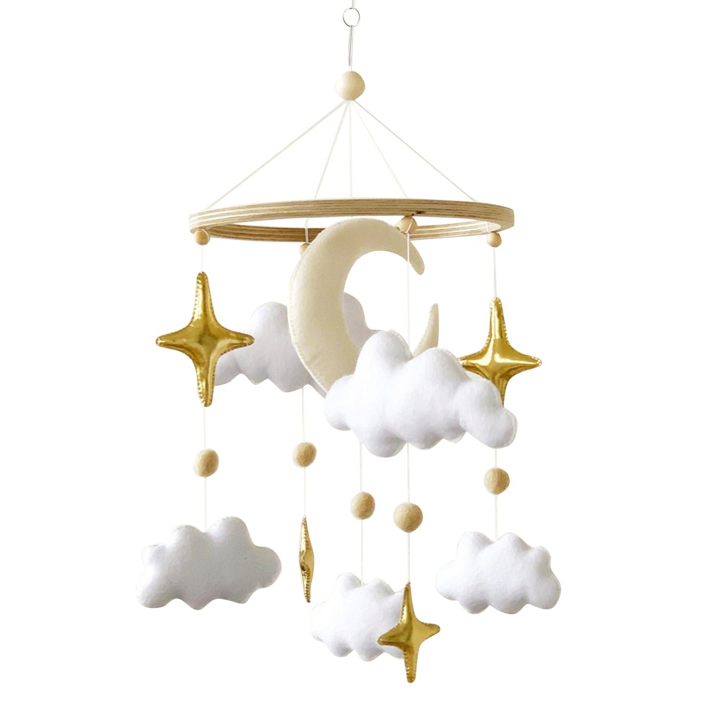 Crib Mobile featuring white pillowy clouds, shiny gold stars and beige moon 