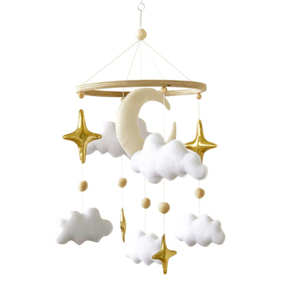 Crib Mobile featuring white pillowy clouds, shiny gold stars and beige moon 