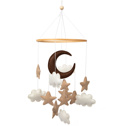 Handmade Baby Mobile for Crib - Brown Moon, Stars and White clouds