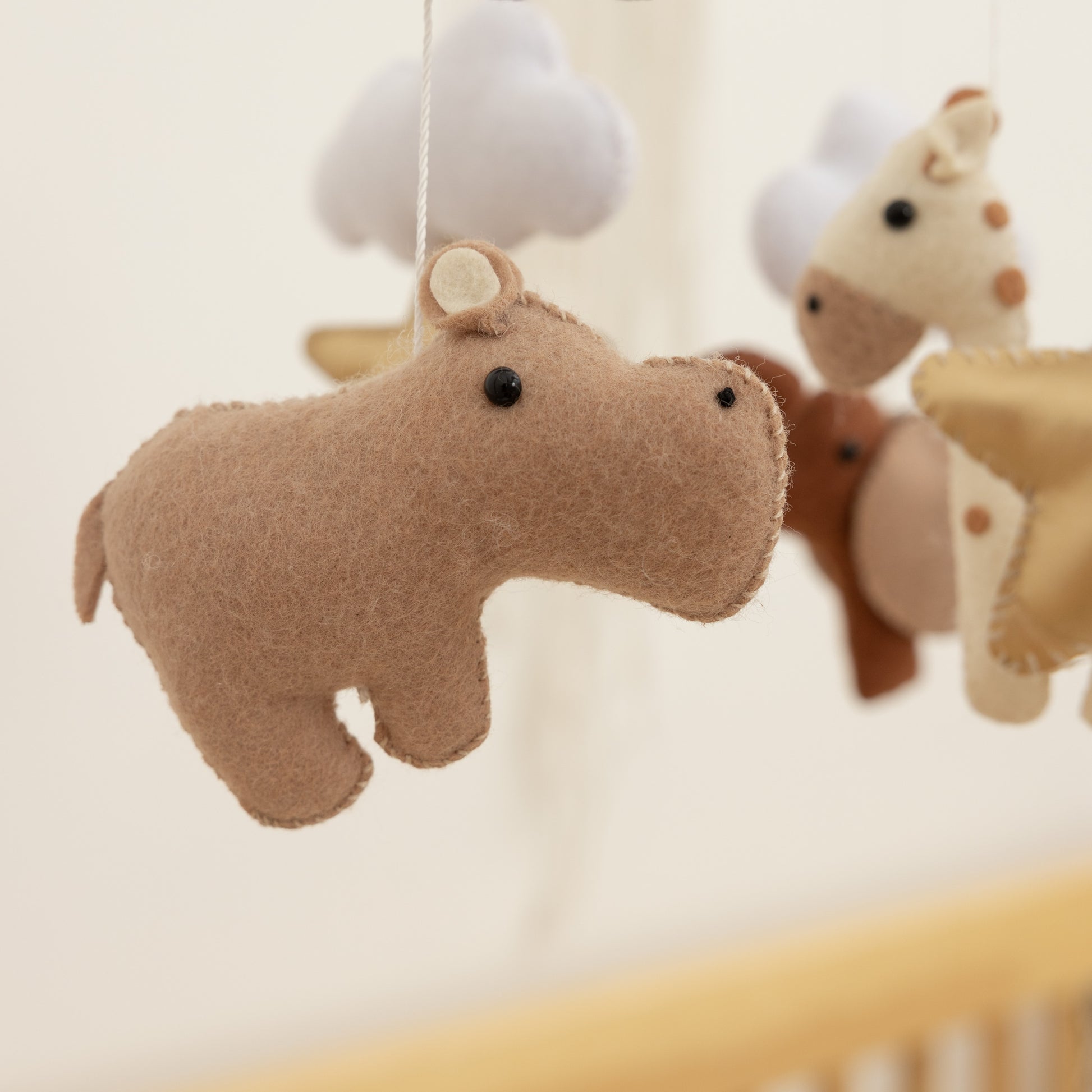 Handmade Safari Animal Baby Mobile with Hippo, Horse, Giraffe, Elephant & Gold Moon and Stars | Jungle Theme Nursery Decoration